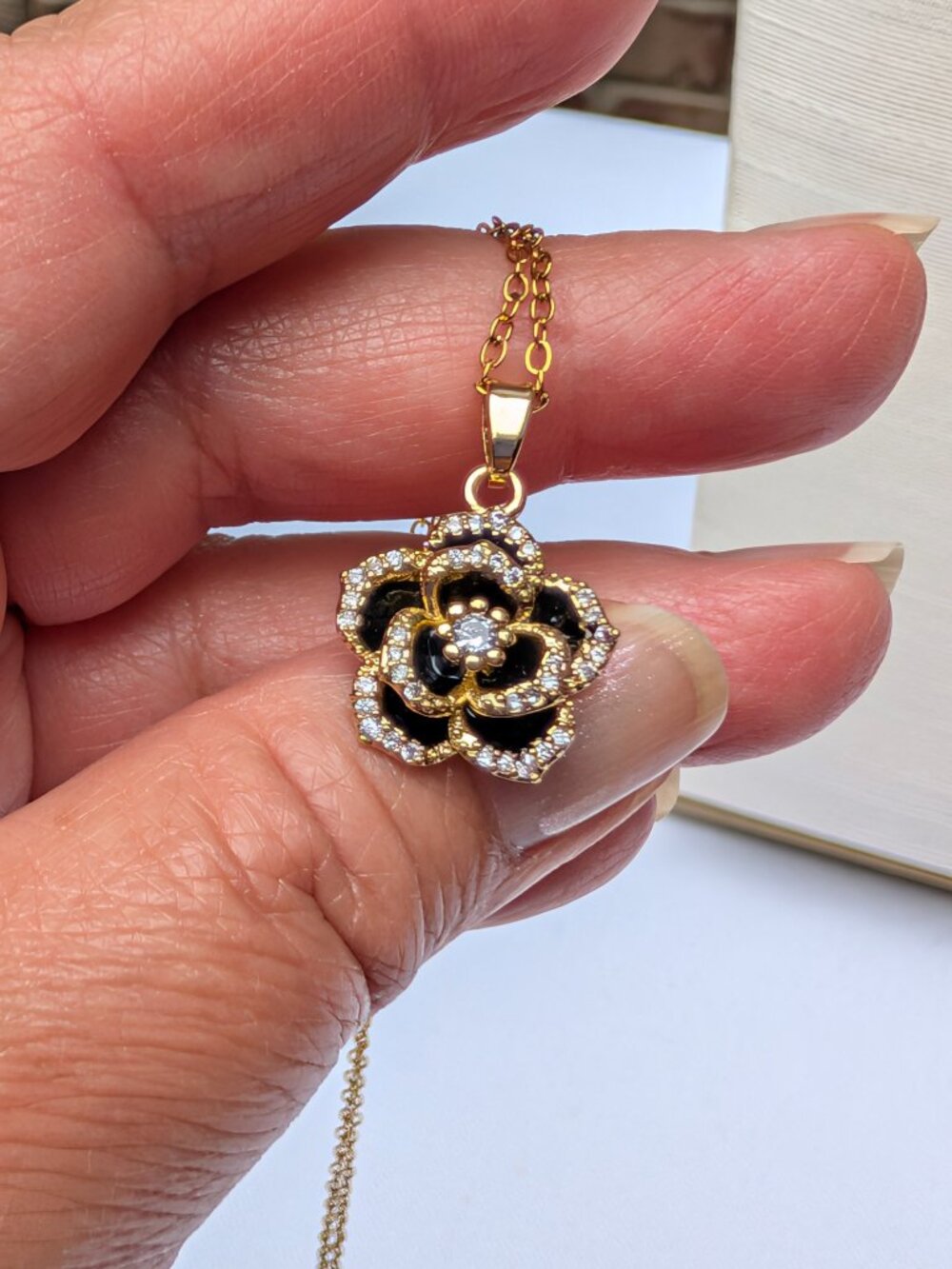 Adornia Gold-Plated Black Crystal Carnelian Flower Necklace - NWT